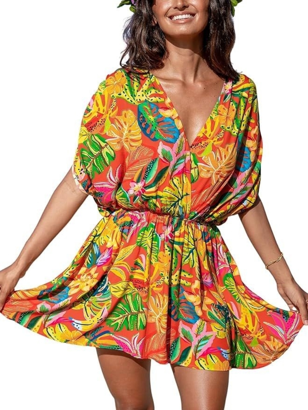 Cupshe Bright Orange Tropical Floral V-Neck Swim Cover-Up